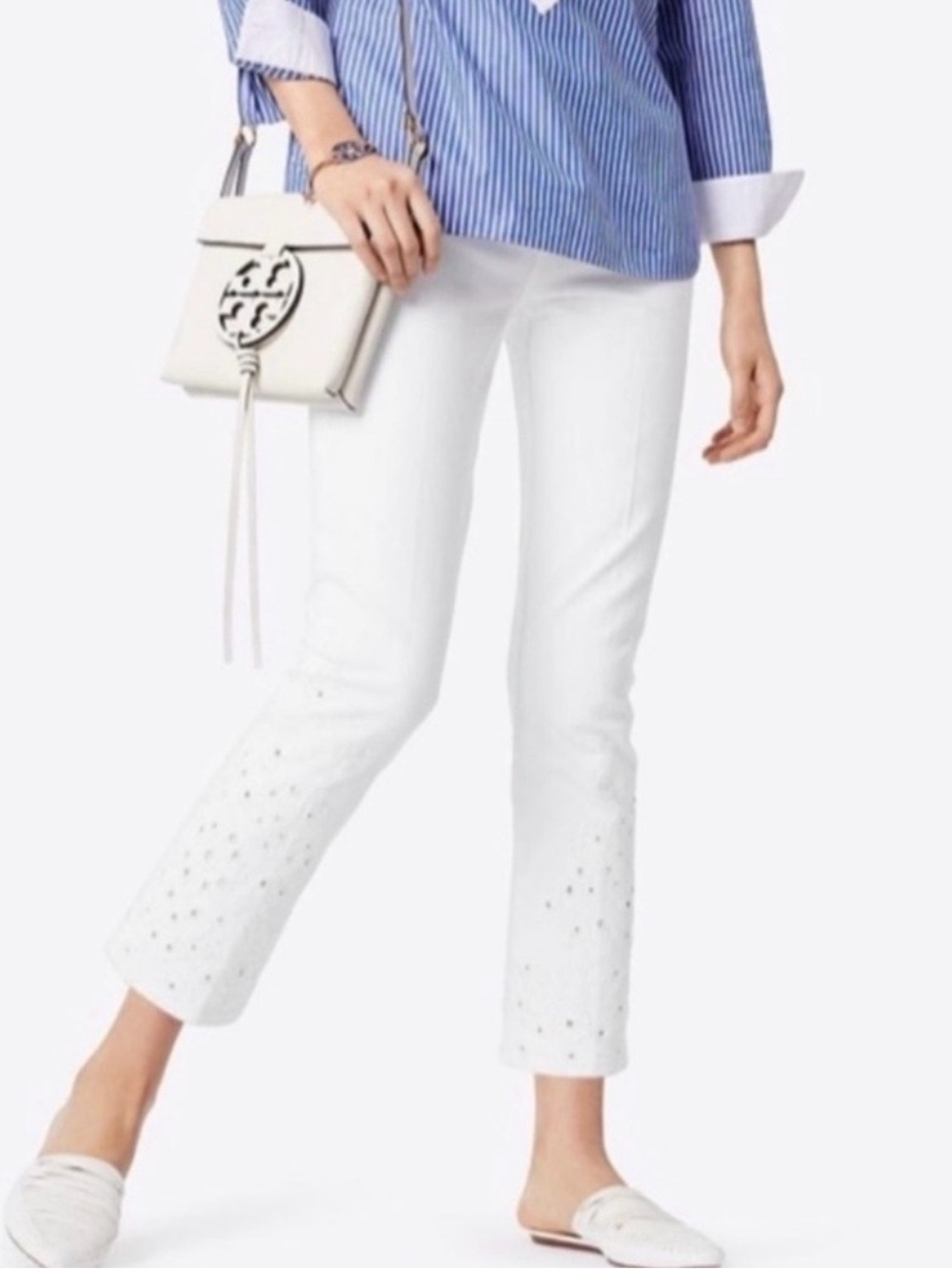 Tory Burch Kiera Straight Leg Embroidered Jeans // White // 27